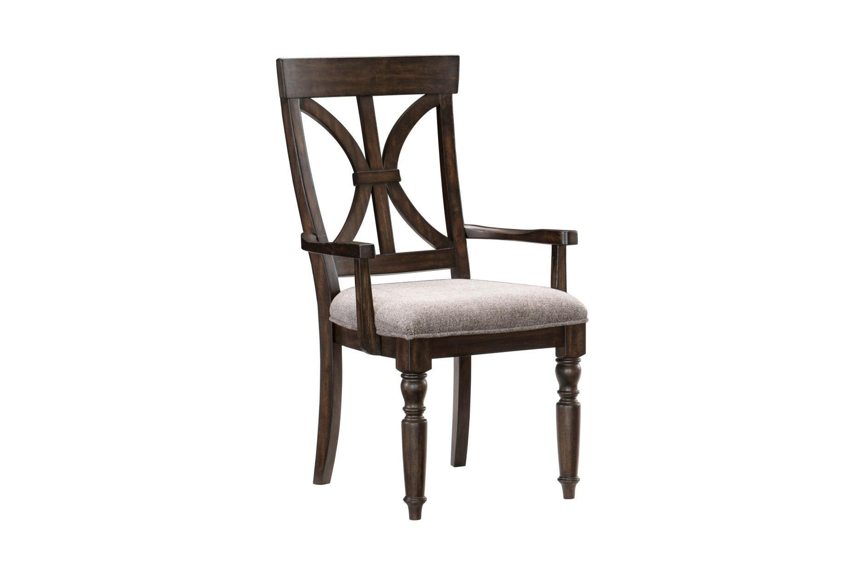 close-up of wood finish and fabric on dining chair