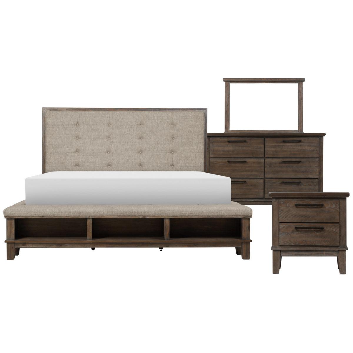 Gray upholstered tufted queen panel bedroom set front view