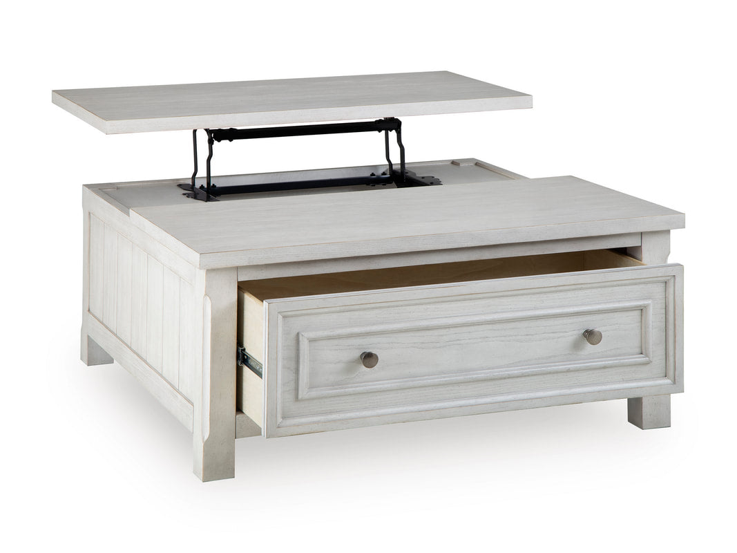 Antique White Lift-Top Coffee Table with Drawer and Hidden Storage — angled view