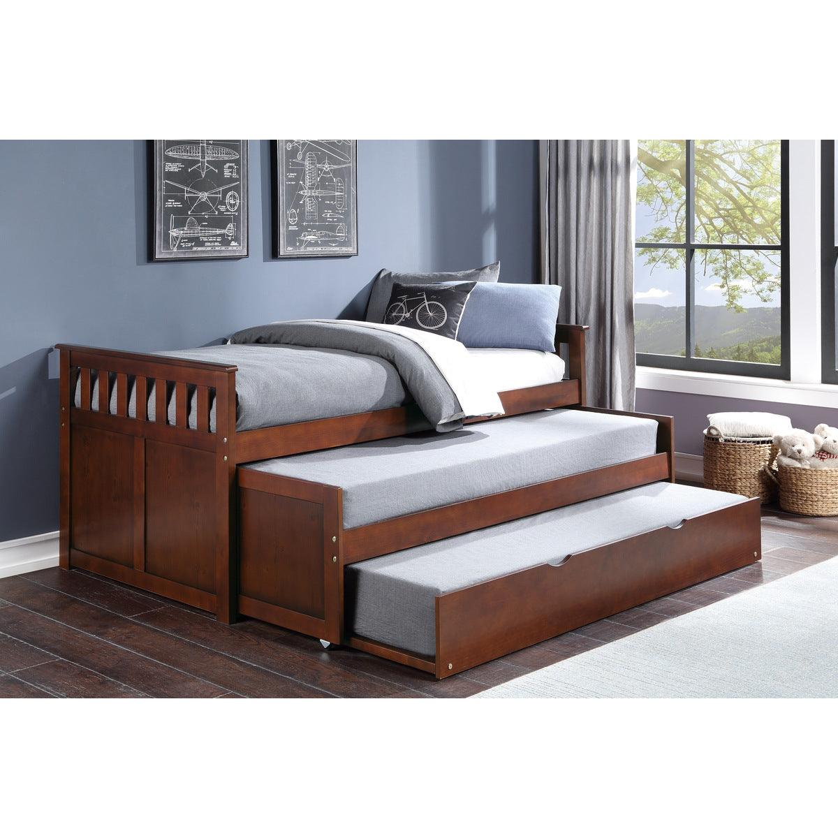 Rowe dark cherry twin over twin bed angled view