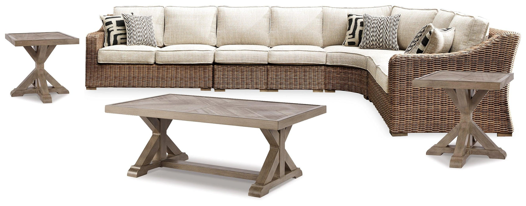Right-arm facing loveseat with beige cushions and resin wicker frame