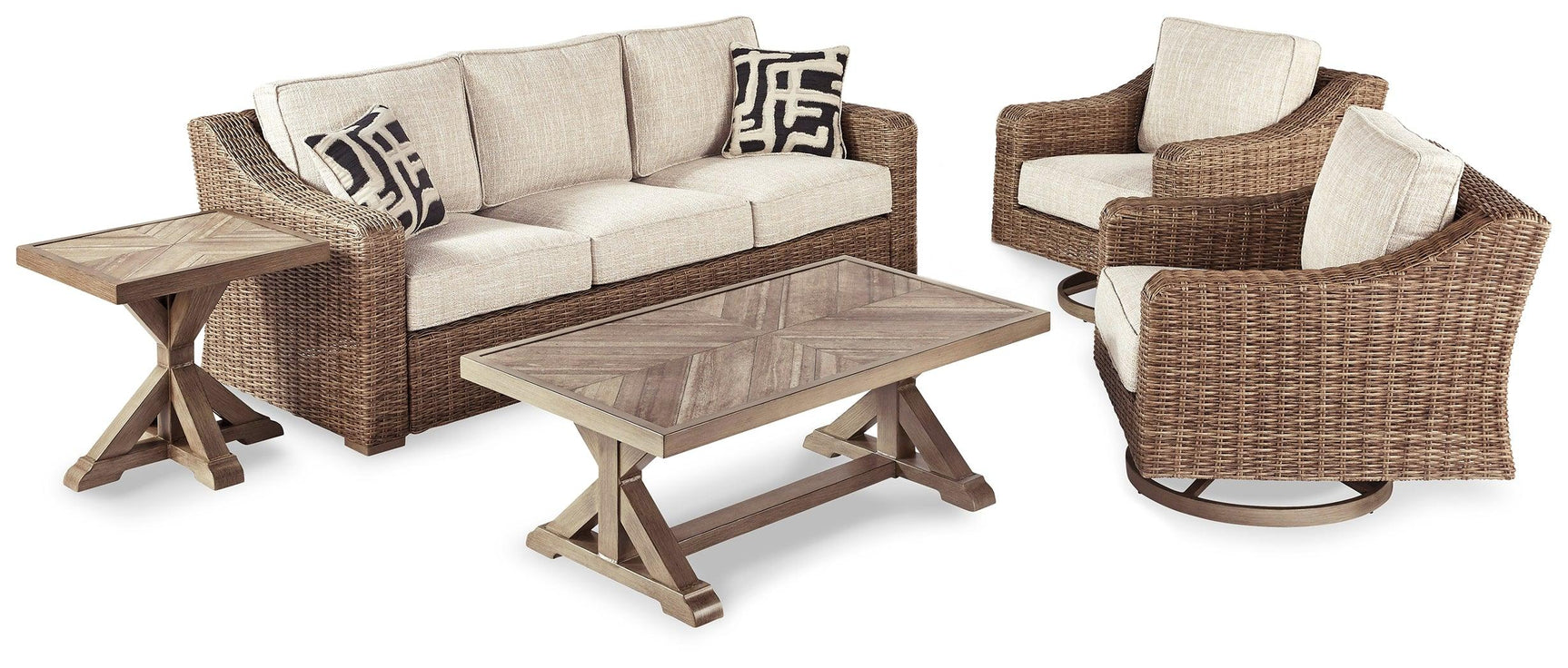 Two beige swivel lounge chairs with cushions and armrests