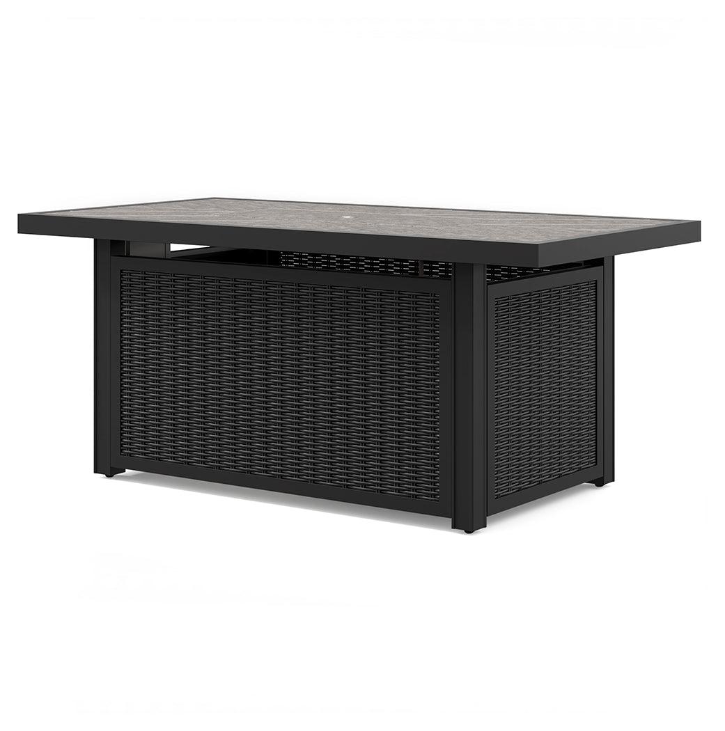 Beachcroft outdoor fire pit table top closeup with burner and glass beads