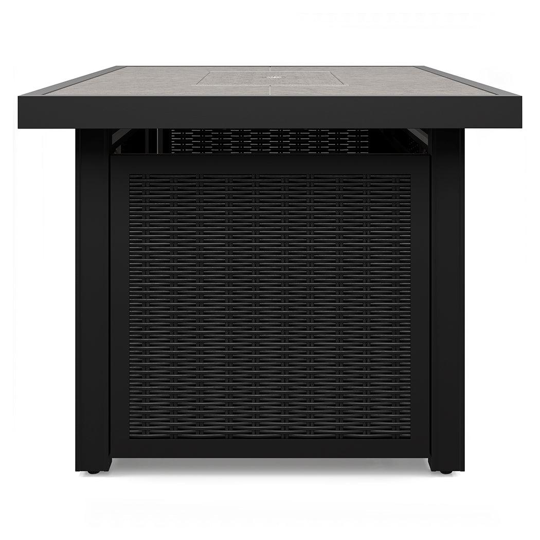 Beachcroft outdoor fire pit table assembly detail showing wicker