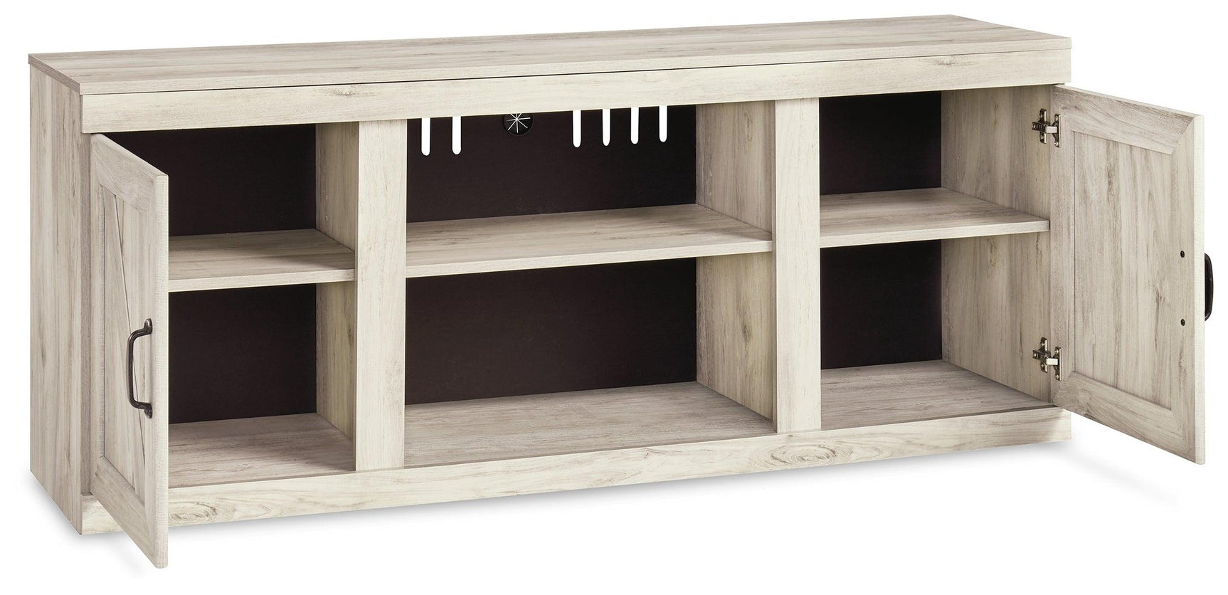 Bellaby Whitewash 4-Piece Entertainment Center wire management cutout