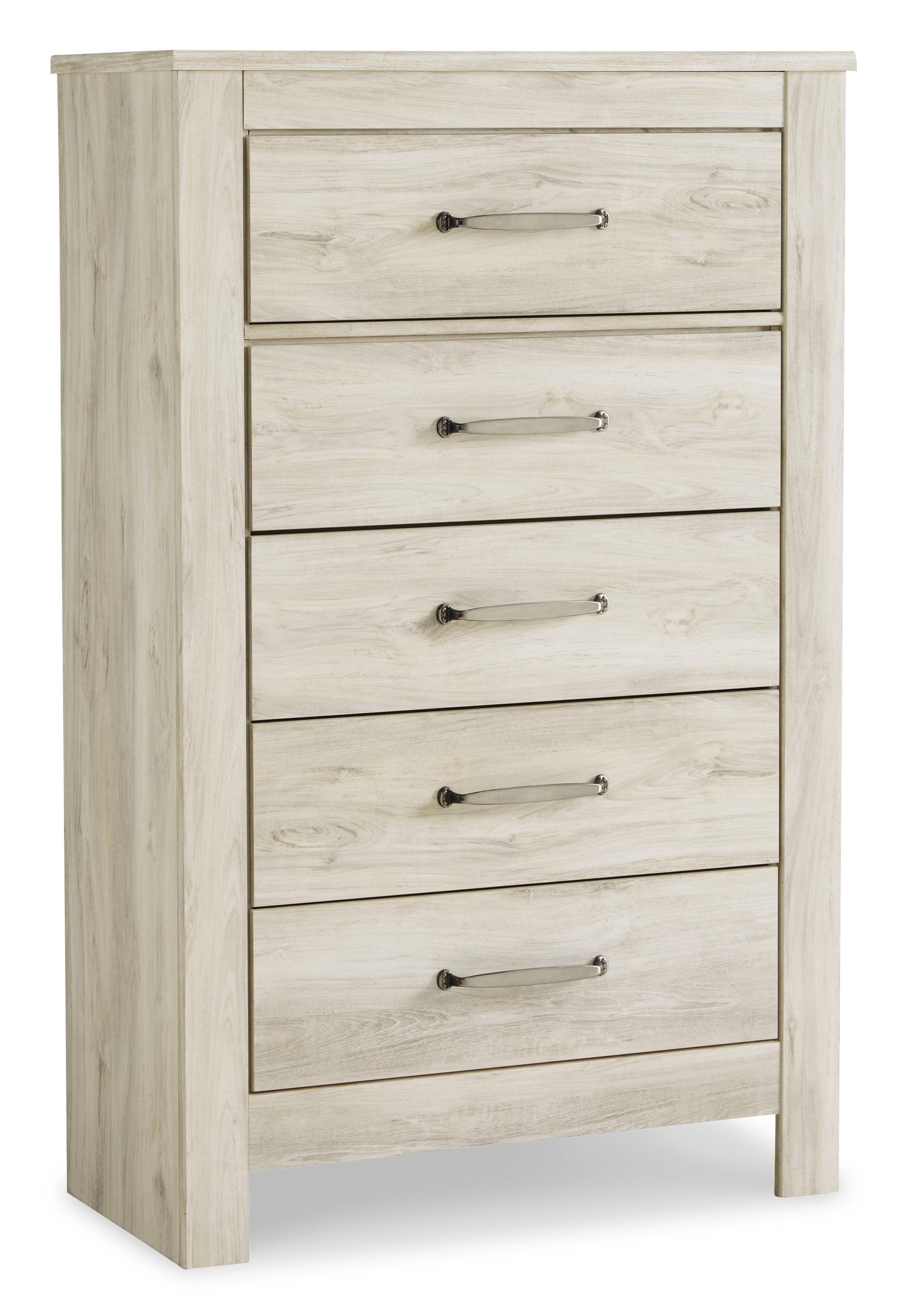 Bedroom view of Bellaby Whitewash Panel Bedroom Set with chest and nightstand