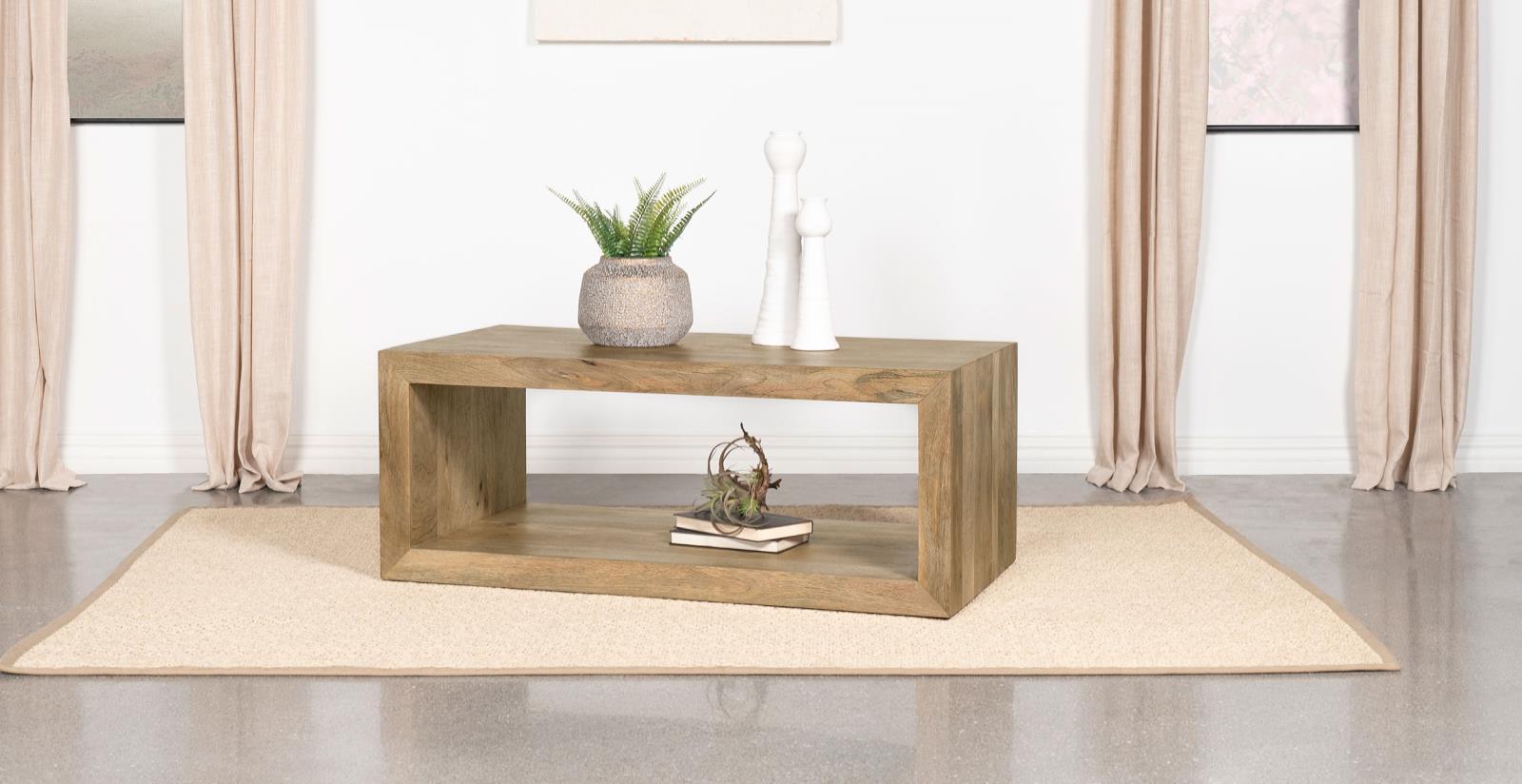 Benton rectangular solid mango wood coffee table natural finish side angle
