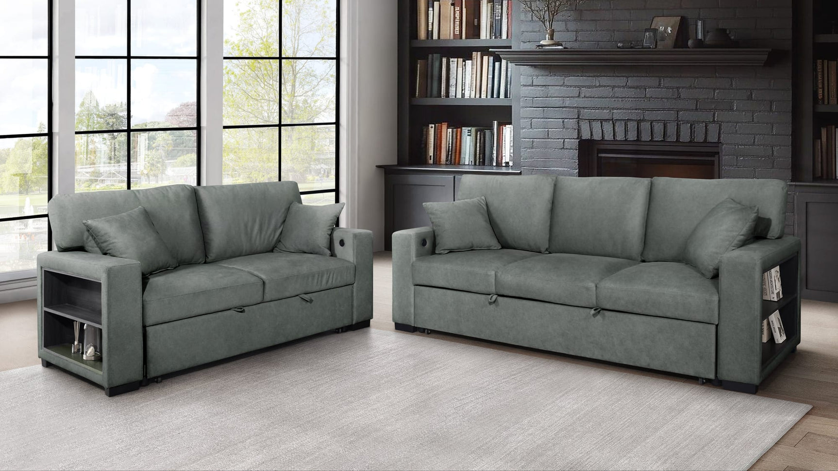 Bexley Grey Premium Fabric Sofa and Loveseat Set with Bookcase Arms and USB Ports from Decor Furniture