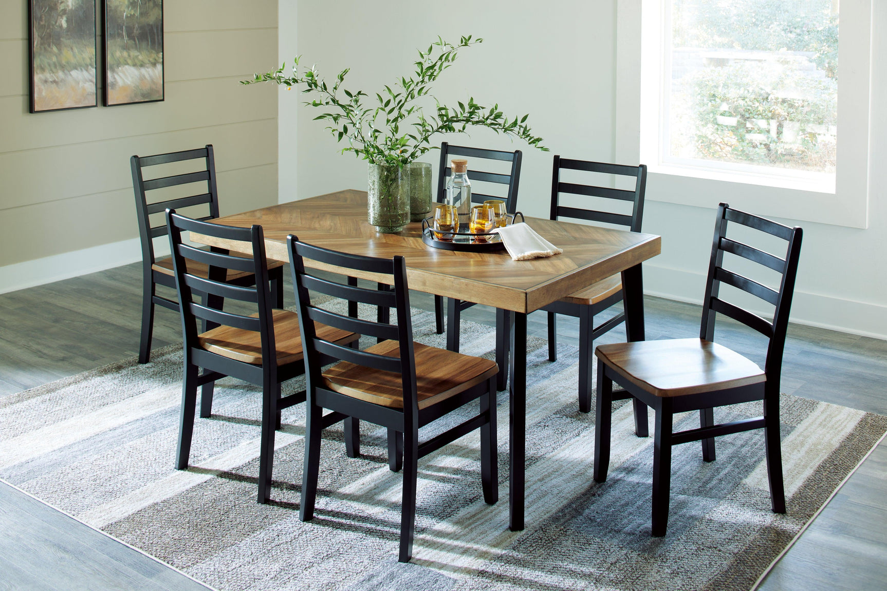 Top view of rectangular Blondon dining table chevron pattern