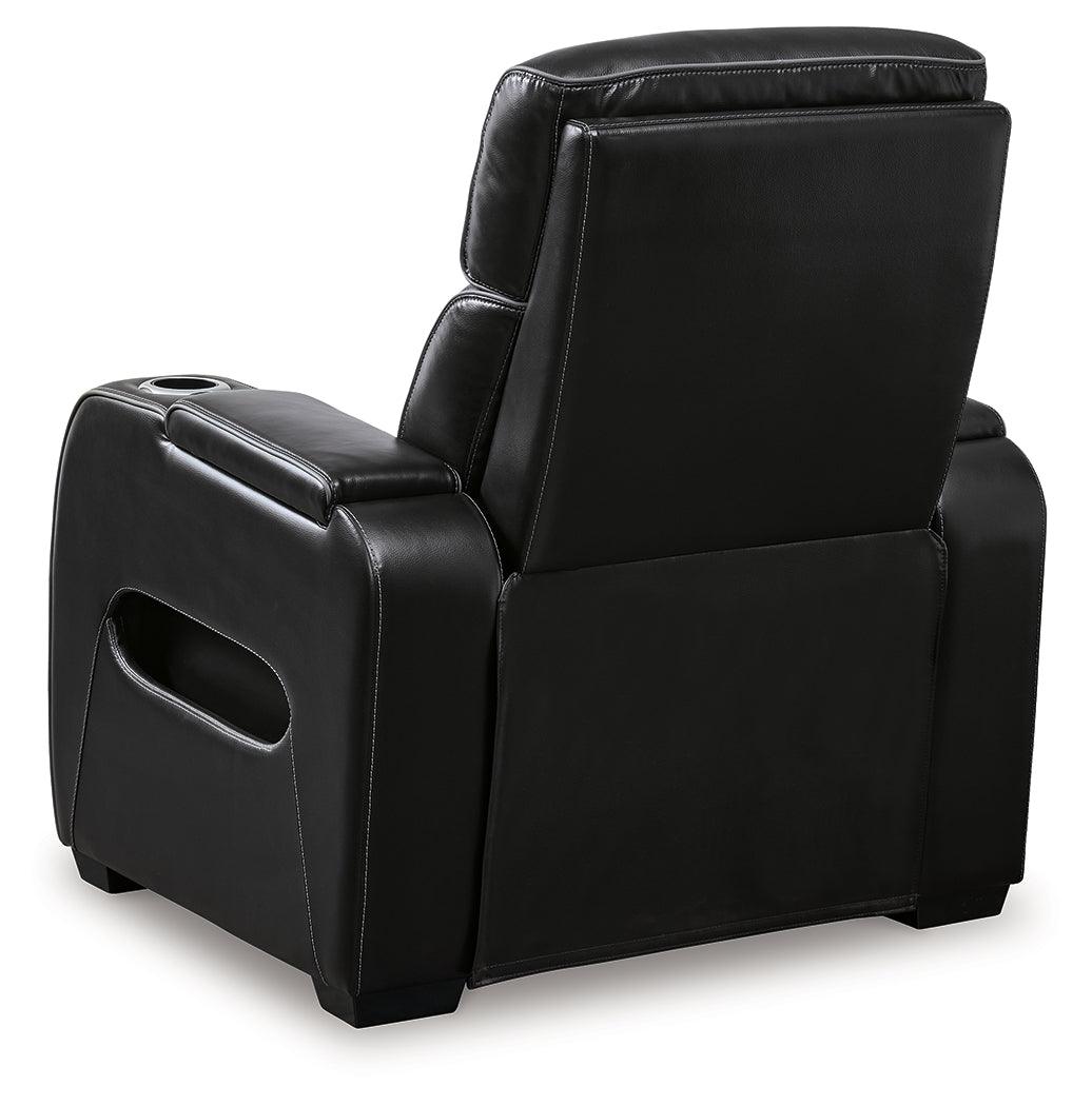 reclining view of Boyington Black Leather Power Recliner recliner