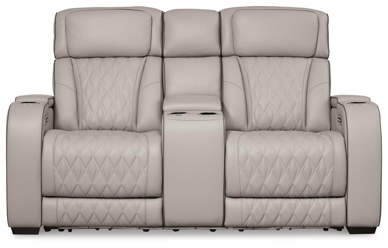 Side view of Boyington power reclining loveseat in gray leather