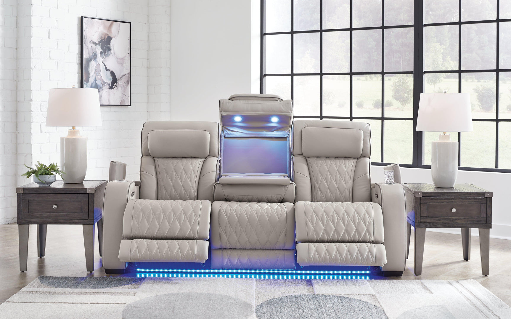 Boyington gray sofa showing diamond-stitched upholstery detail