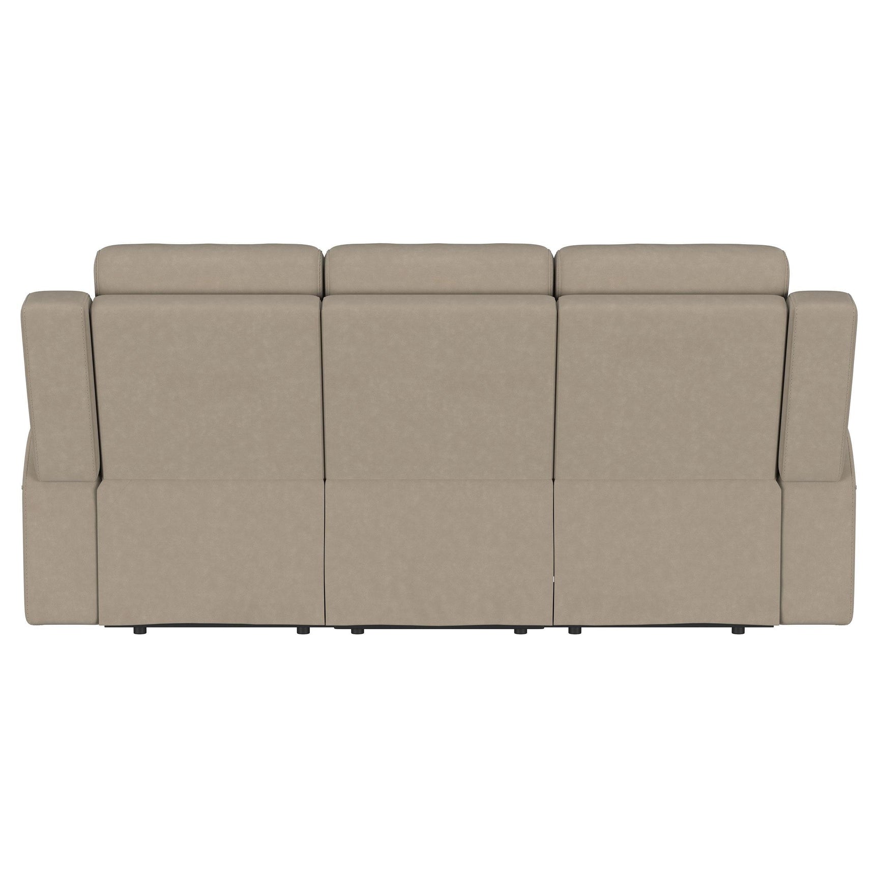 Brentwood taupe upholstered manual motion reclining sofa armrest detail
