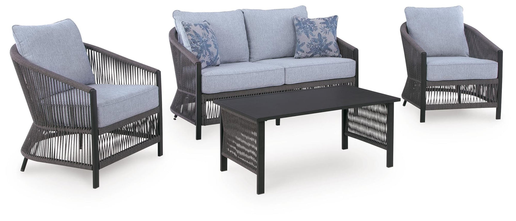 Bridges Beach Gray Outdoor Love/Chairs/Table Set (Set of 4) angled view