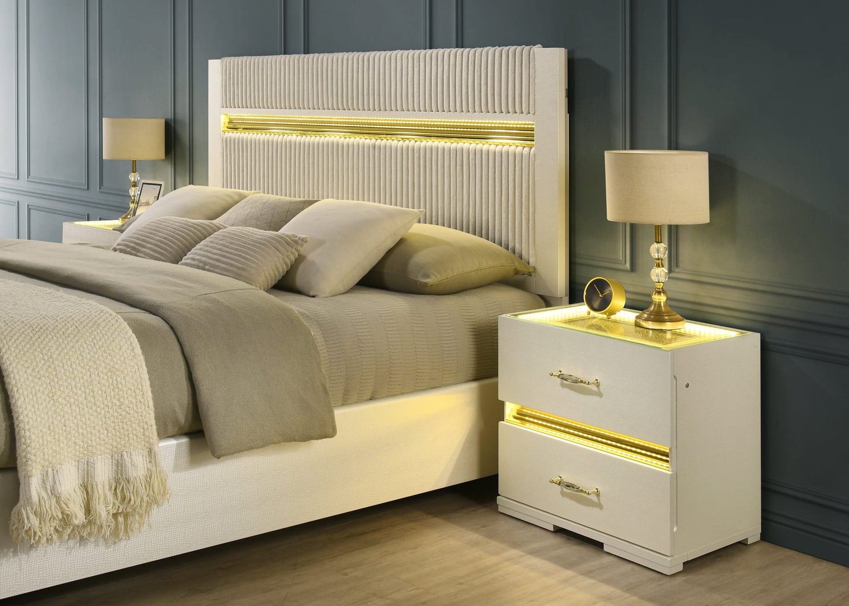 Brillia Ivory Faux-Crocodile Bedroom Set with Integrated LED Lighting and Crystal Hardware view 2