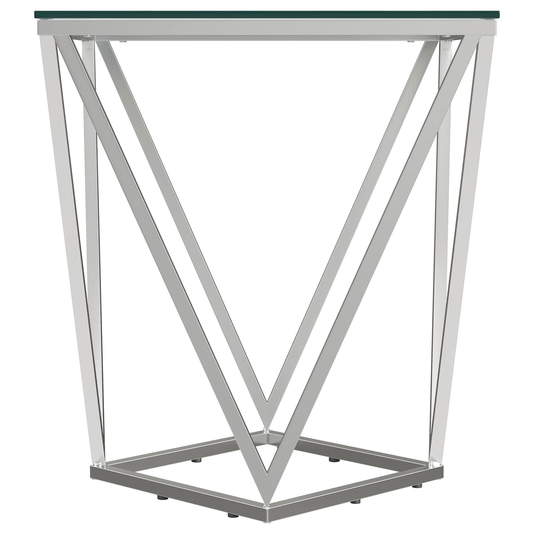 Side angle of Brittania square glass top end table with nickel finish
