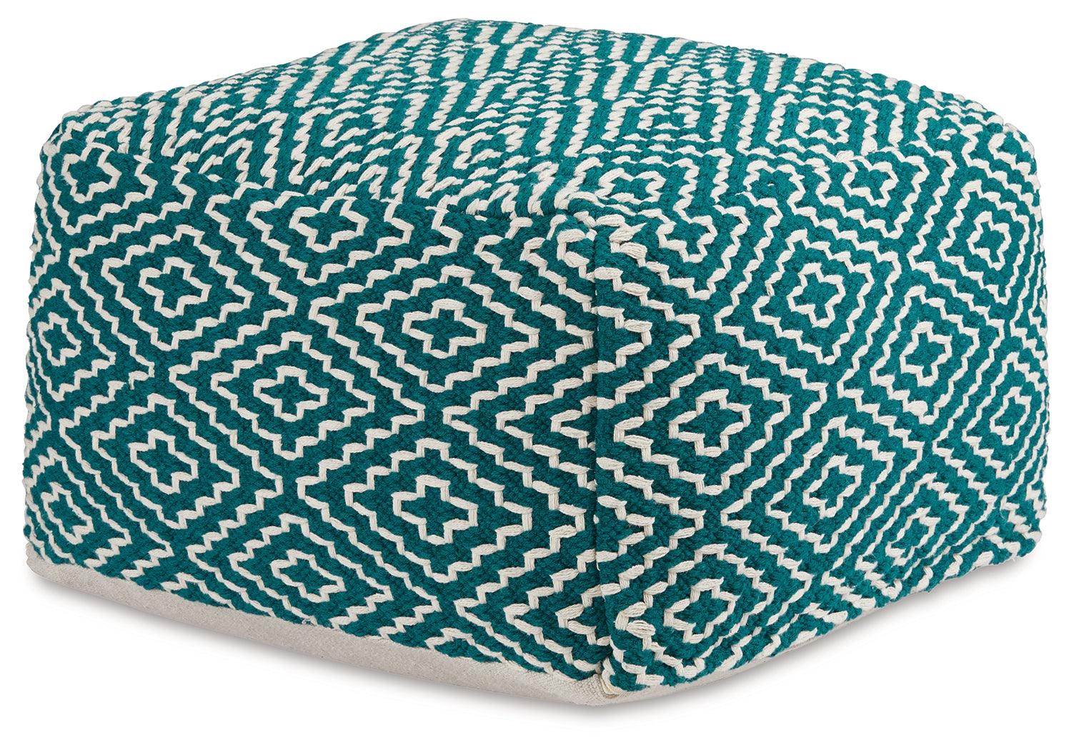 Side view of Brynnsen teal and ivory handwoven pouf