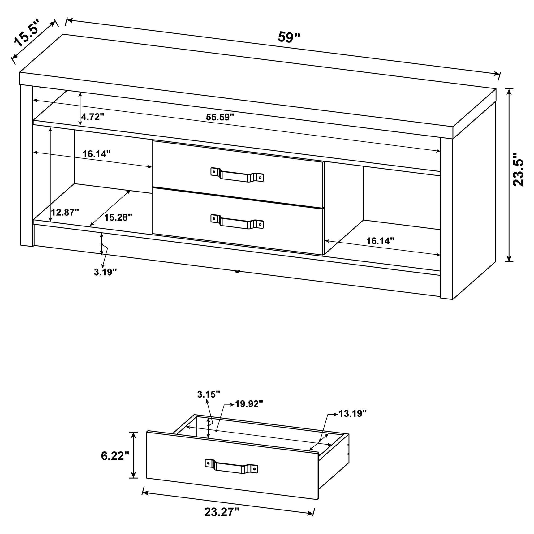 Top view of TV stand surface and open shelves