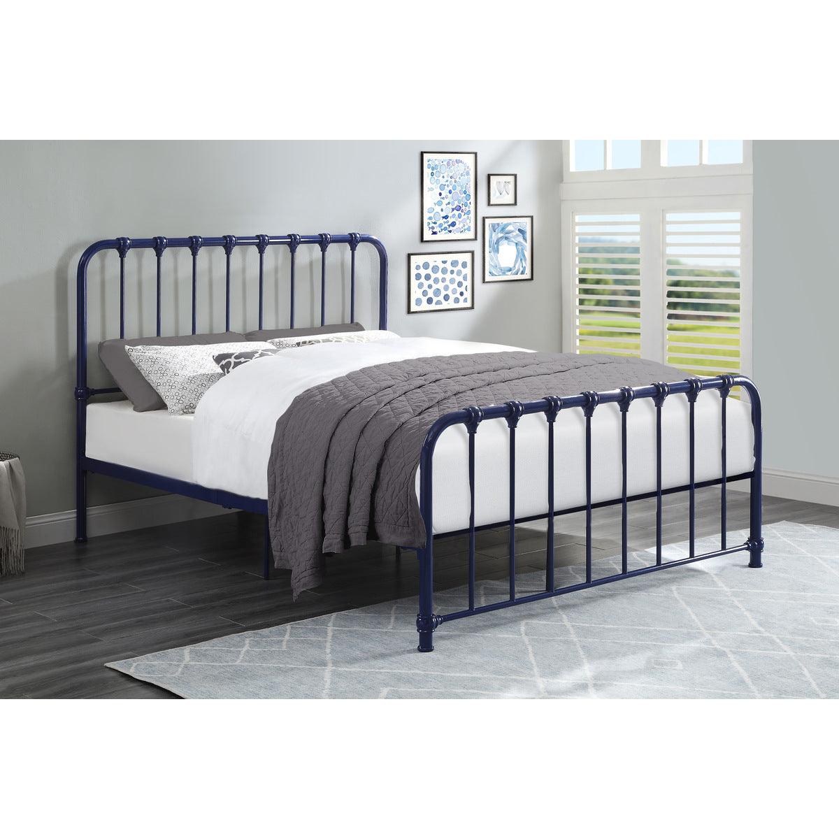 Close-up of Bethany Blue bed frame with traditional accents