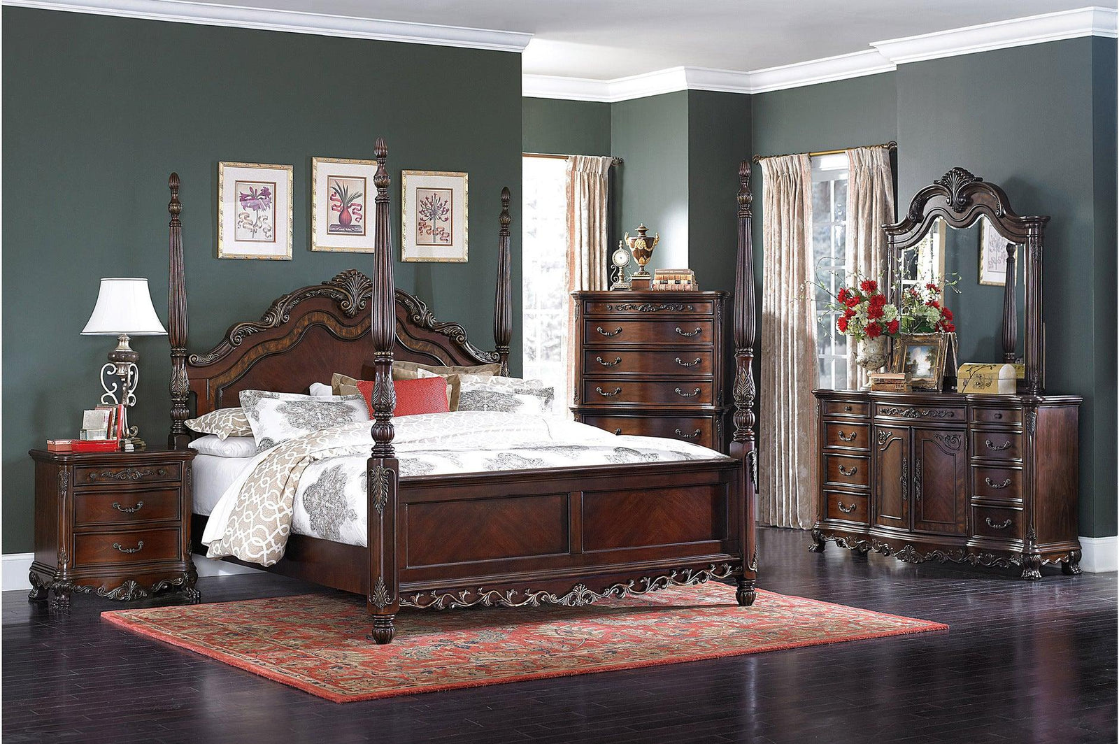 Deryn Park Cherry Modern Traditional Solid Wood Poster Bedroom Set - Ella Furniture