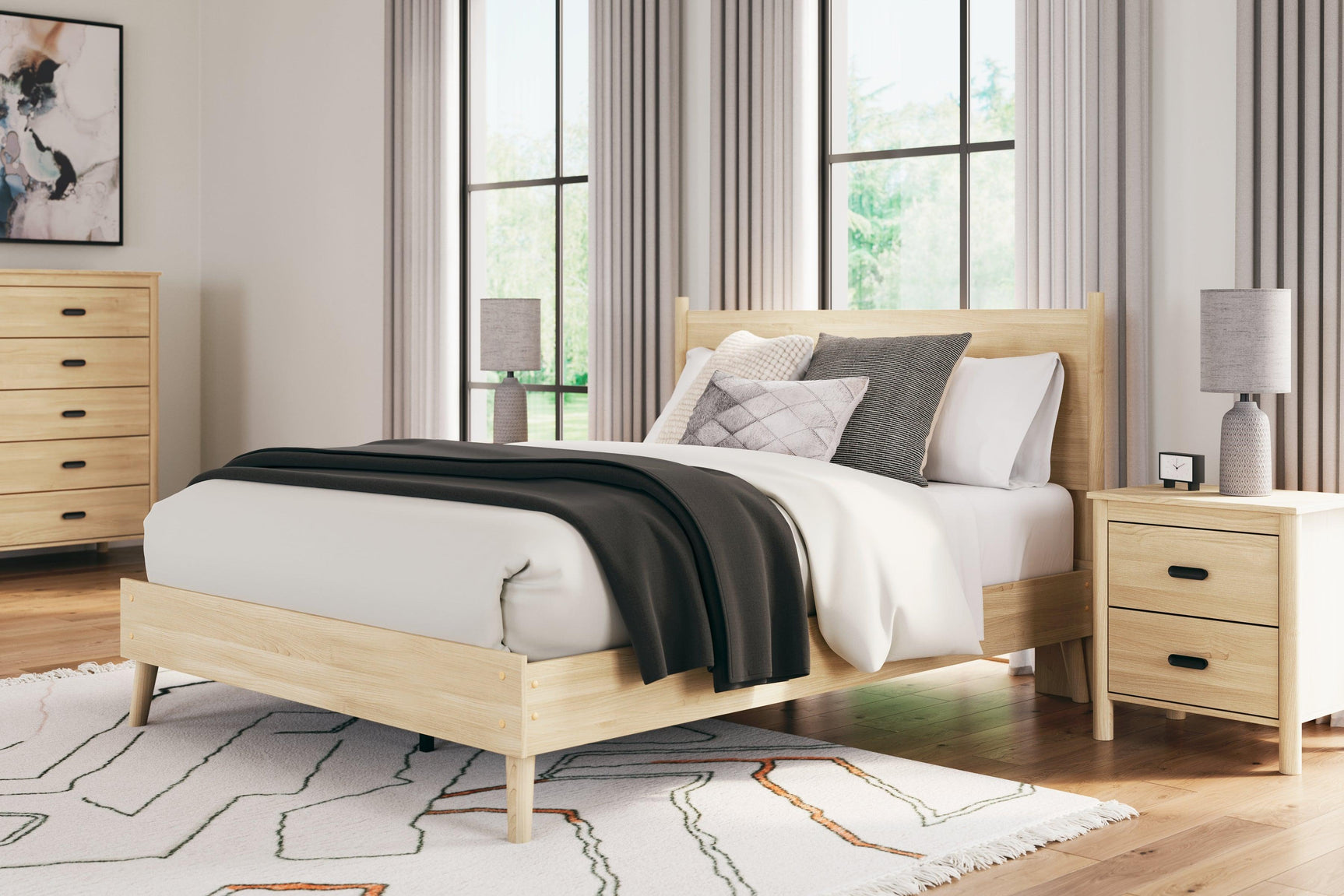 Full view of Cabinella Tan Queen Platform Panel Bed