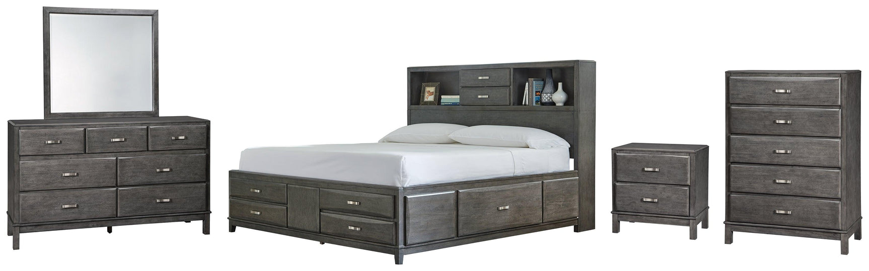 Side view of Caitbrook Gray Bedroom Set bed showing storage drawers