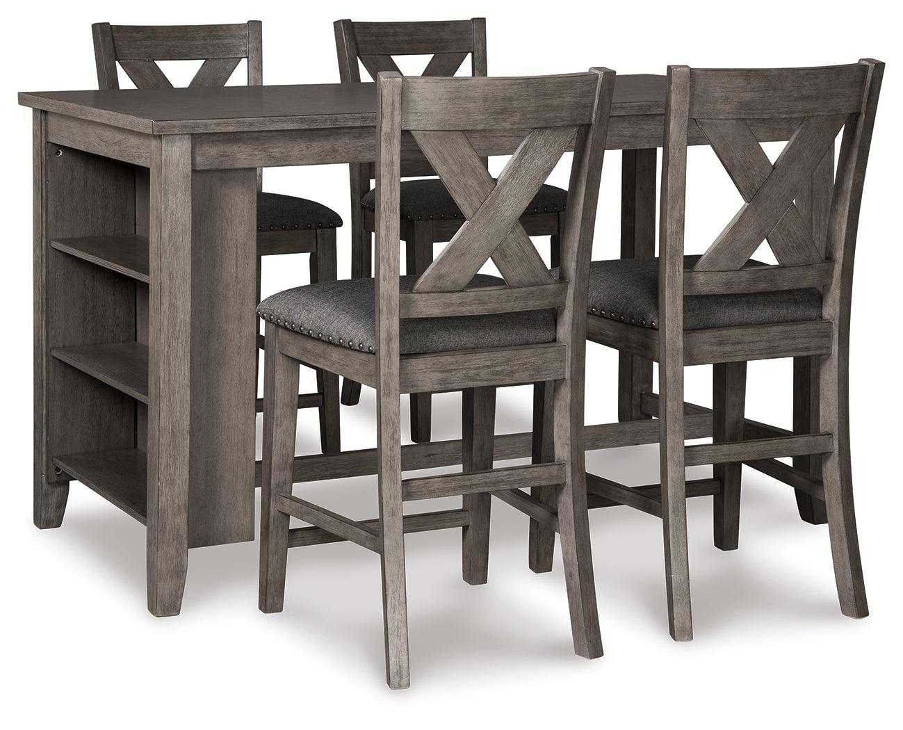 Gray upholstered barstools with solid acacia wood frames and x-back design