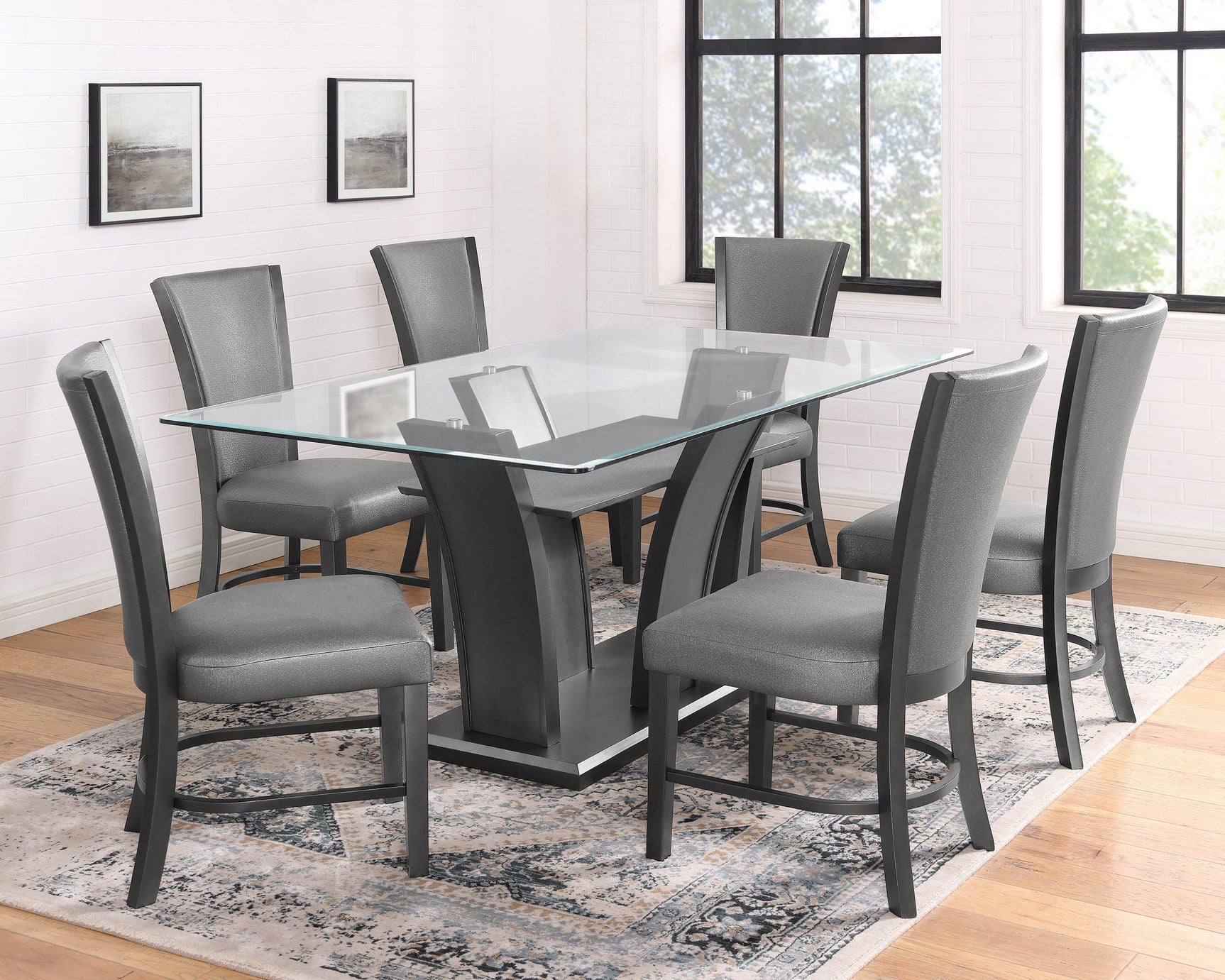 room view of Camelia Gray dining room set styled in modern space