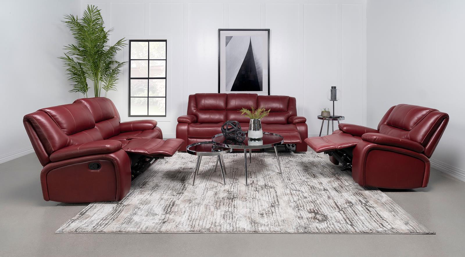 Camila red upholstered motion reclining sofa reclining mechanism detail