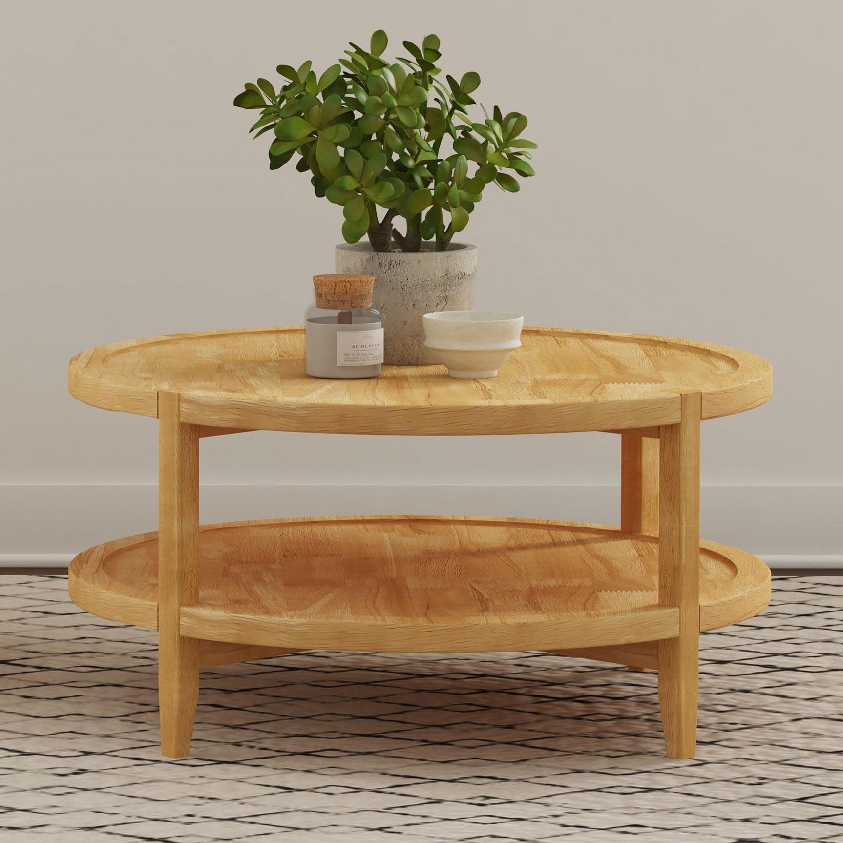 Camillo solid wood coffee table round shape with lower shelf side view