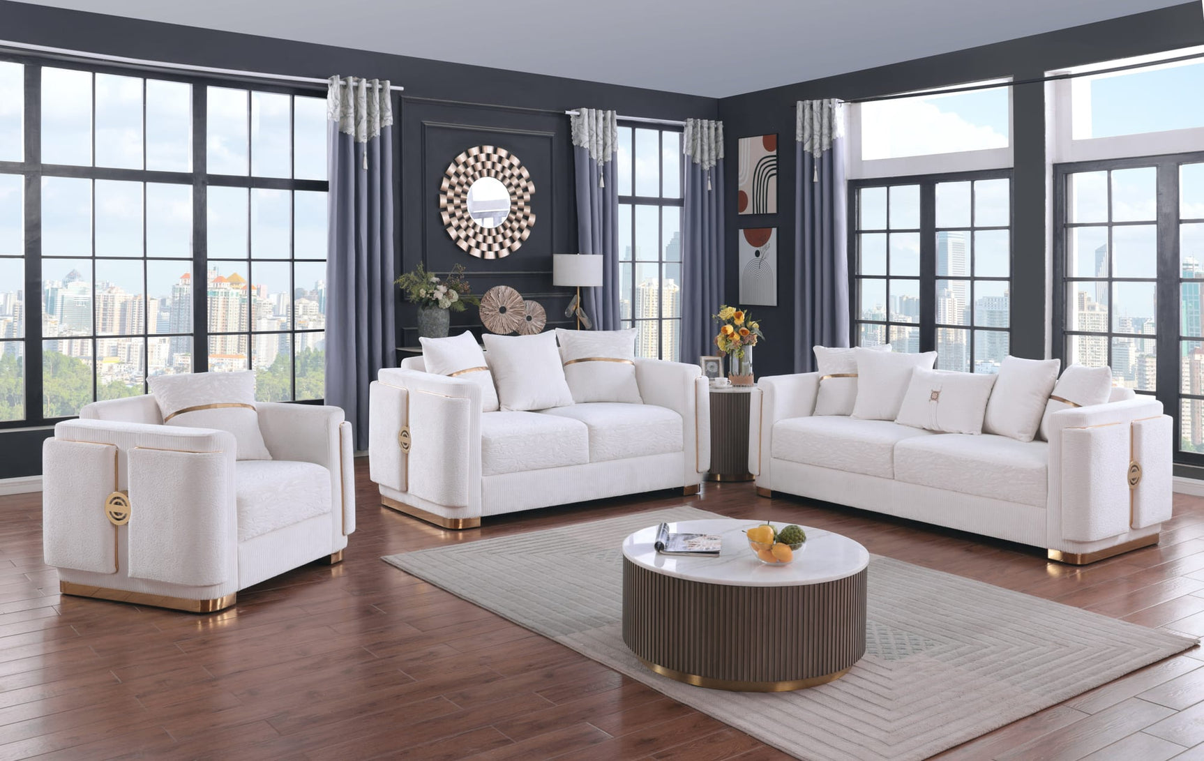 Capri White Fabric Sofa and Loveseat Set with Gold Accents and Pillows from Decor Furniture