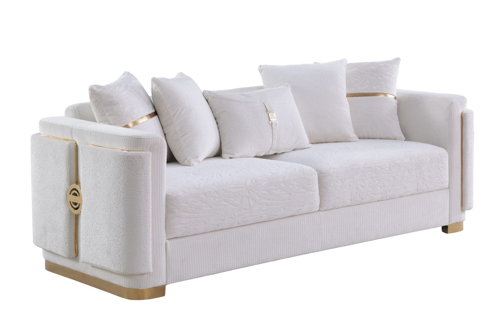 Capri White Fabric Sofa and Loveseat Set with Gold Accents and Pillows view 2