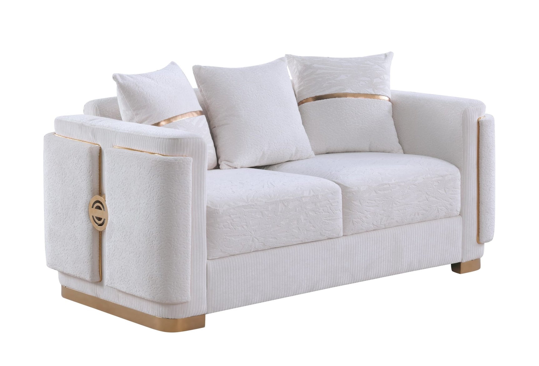 Capri White Fabric Sofa and Loveseat Set with Gold Accents and Pillows view 3