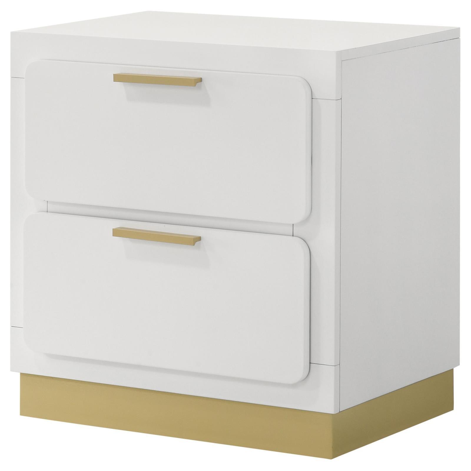 Side view of Caraway nightstand showing wood construction and plastic glide feet