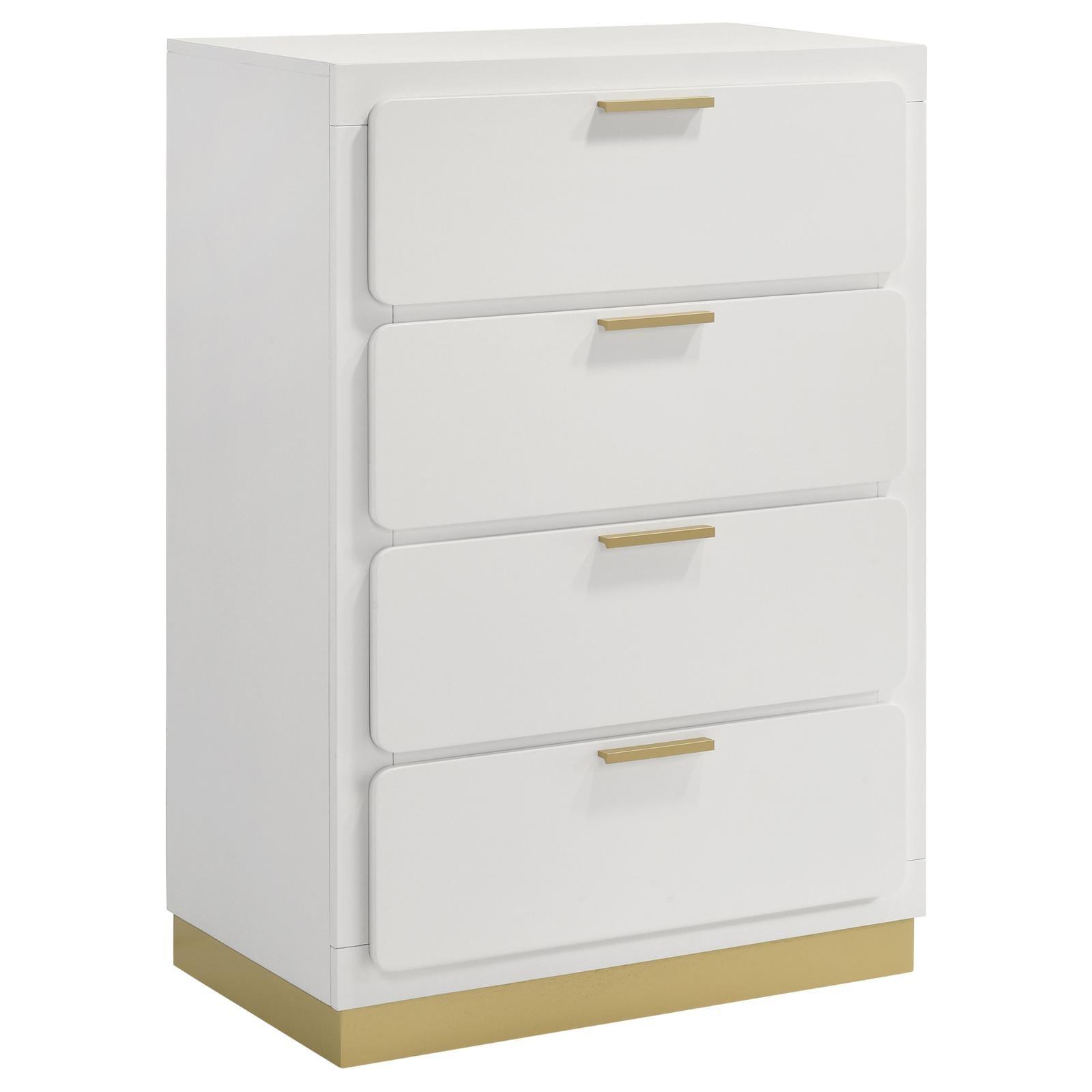 Caraway white 4-drawer bedroom chest, angled front view