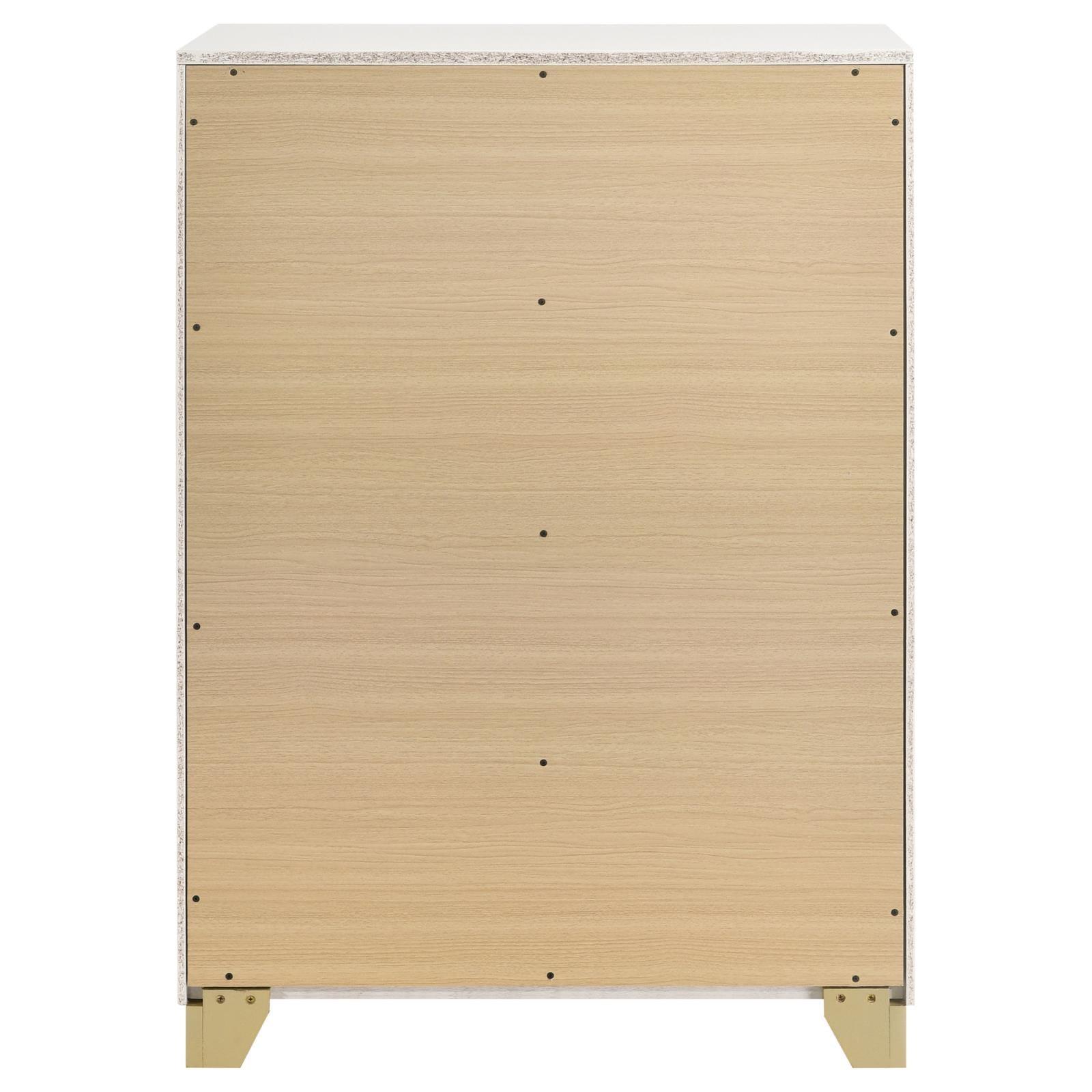 Bottom front view of Caraway white chest showing plastic glides
