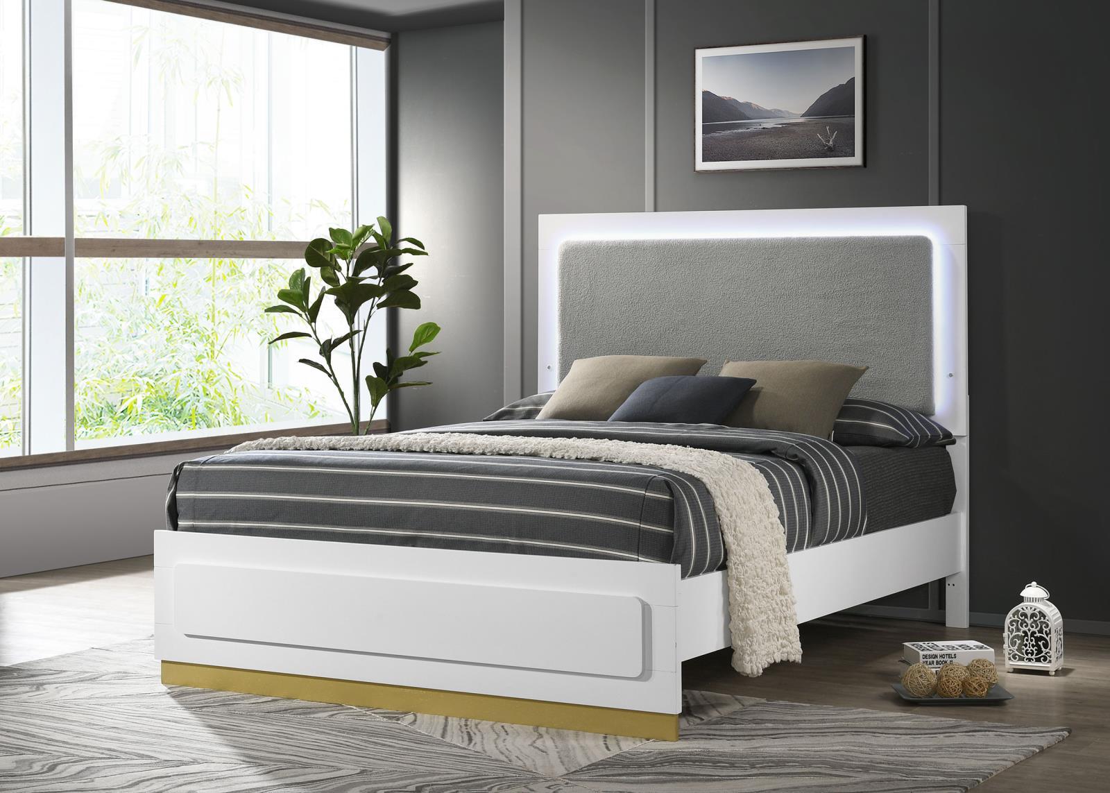Caraway Eastern King Bed white and grey with LED headboard front view