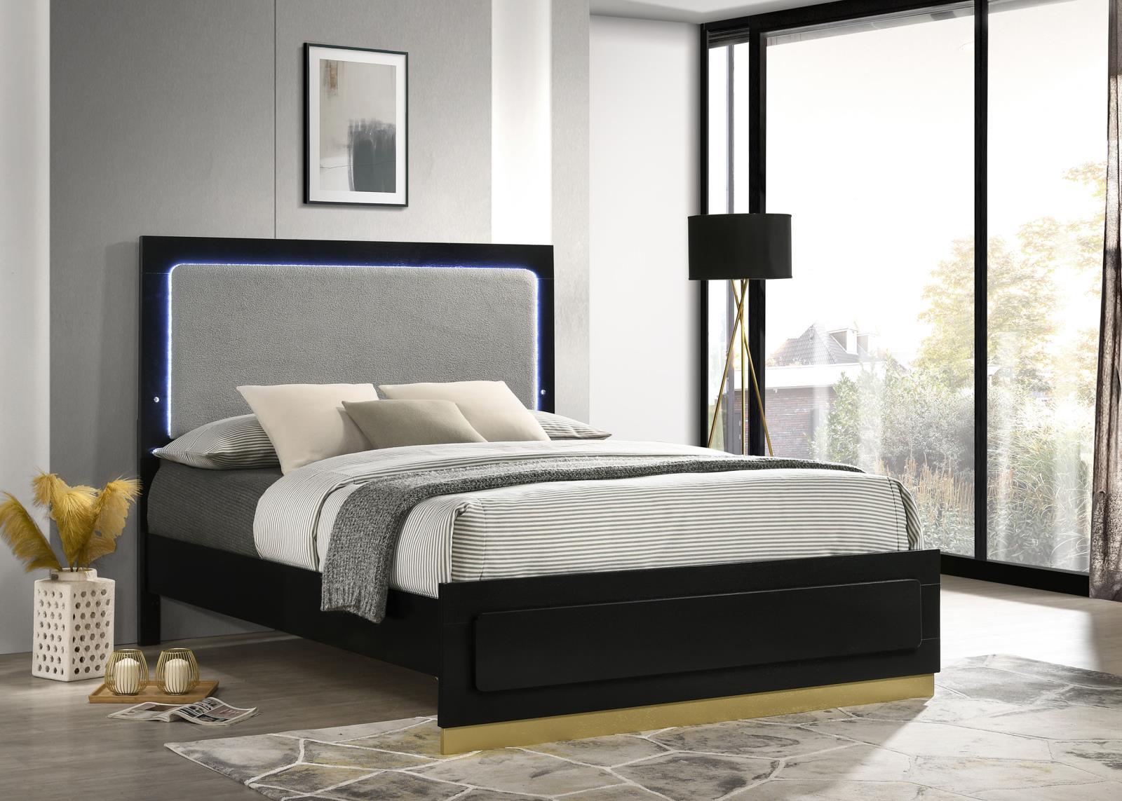 Caraway Queen Bed with LED Headboard Black and Grey angled side view