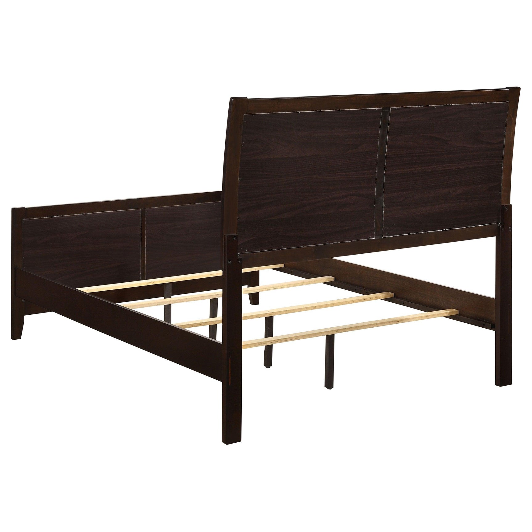 Bedroom scene featuring Carlton cappuccino and black upholstered bed