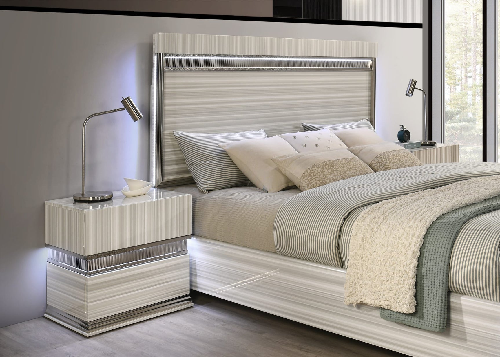 Carrara Modern Grey Wood Grain Bedroom Set with Integrated LED Lighting and Jewelry Drawer view 2