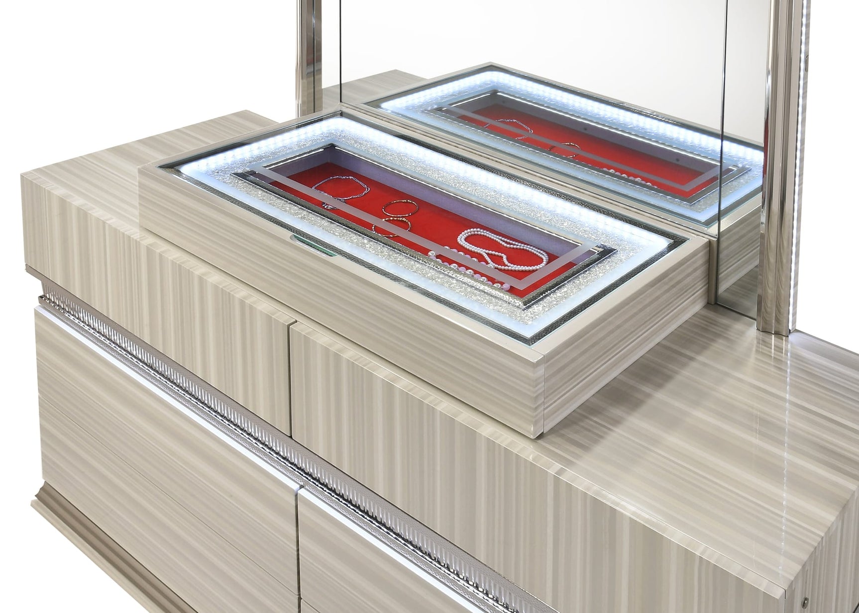 Carrara Modern Grey Wood Grain Bedroom Set with Integrated LED Lighting and Jewelry Drawer view 3