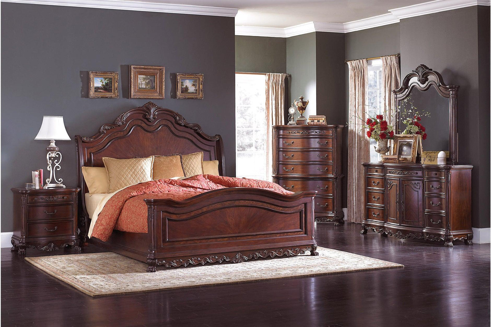 Deryn Park Cherry Modern Sleek Traditional Solid Hardwood Sleigh Bedroom Set - Ella Furniture