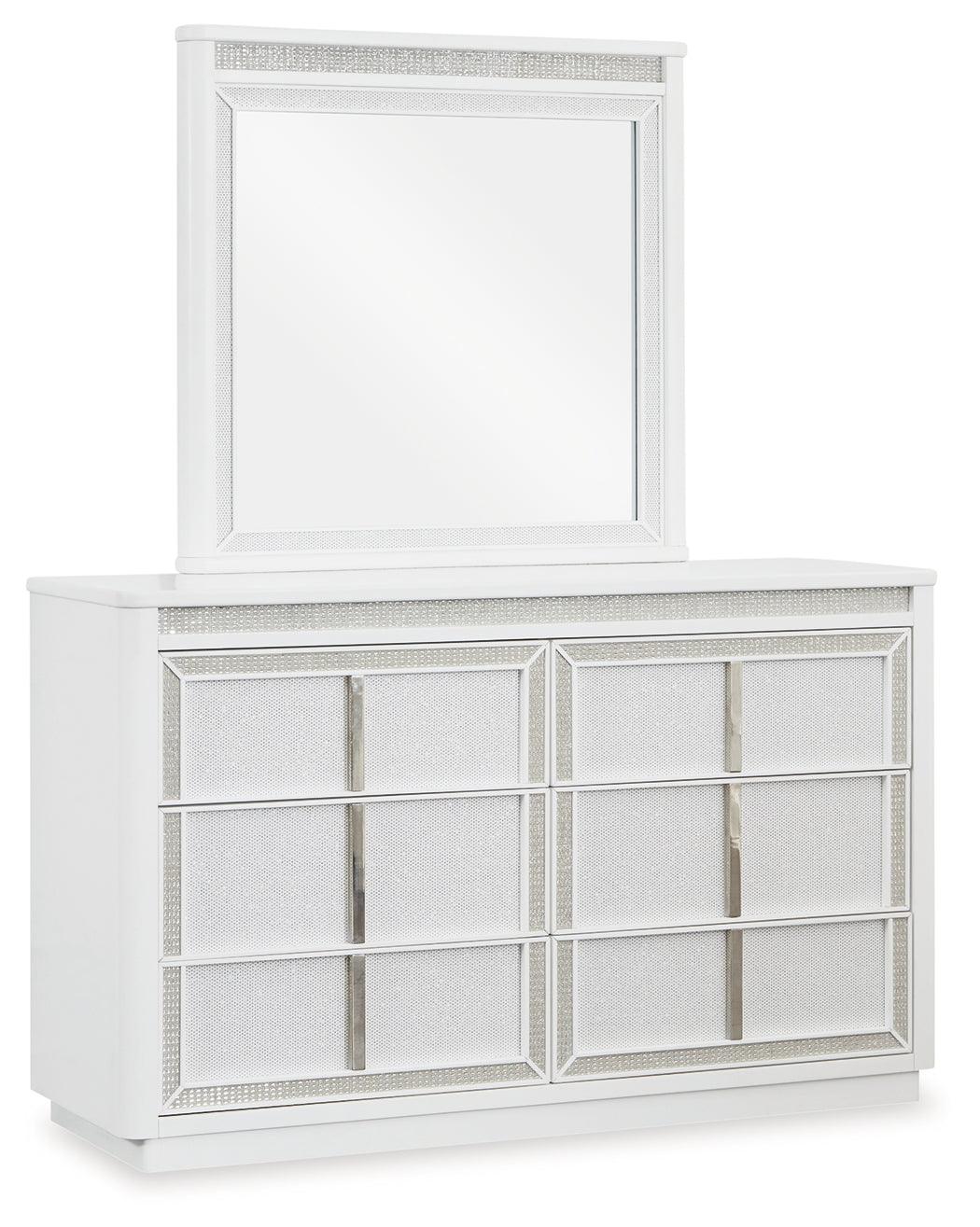 Close-up of rhinestone framed drawers on Chalanna white dresser