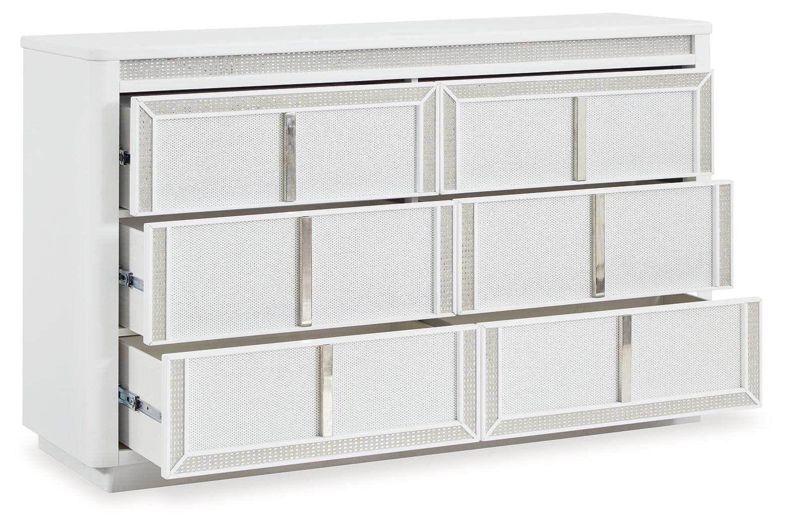 Side angle view of Chalanna White Dresser with white lacquer finish