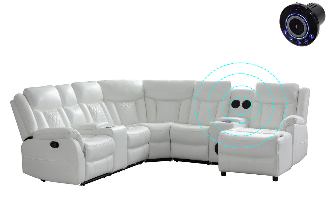 Champion white leather gel reclining sectional front angle