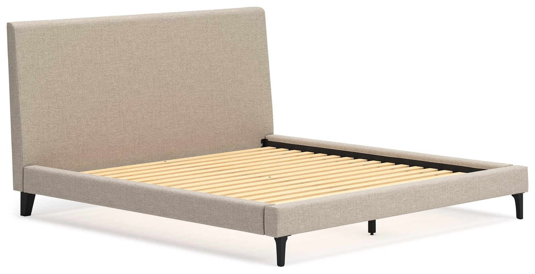 Close-up of soft gray polyester upholstery on Cielden bed