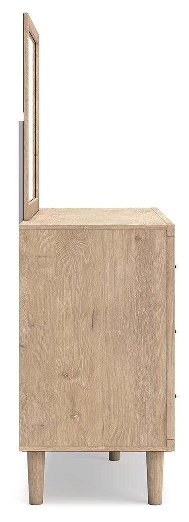 Profile angle of contemporary Cielden dresser and mirror