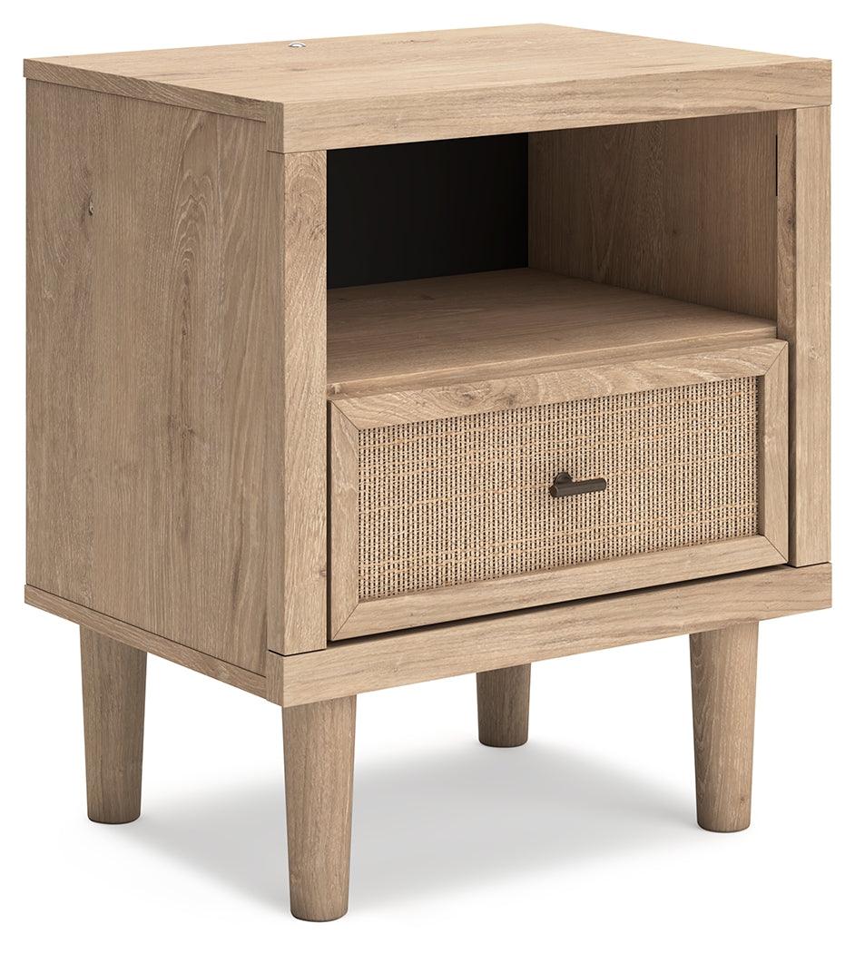 Side angle of Cielden Two-Tone Nightstand highlighting bronze-tone knob and framed drawer front
