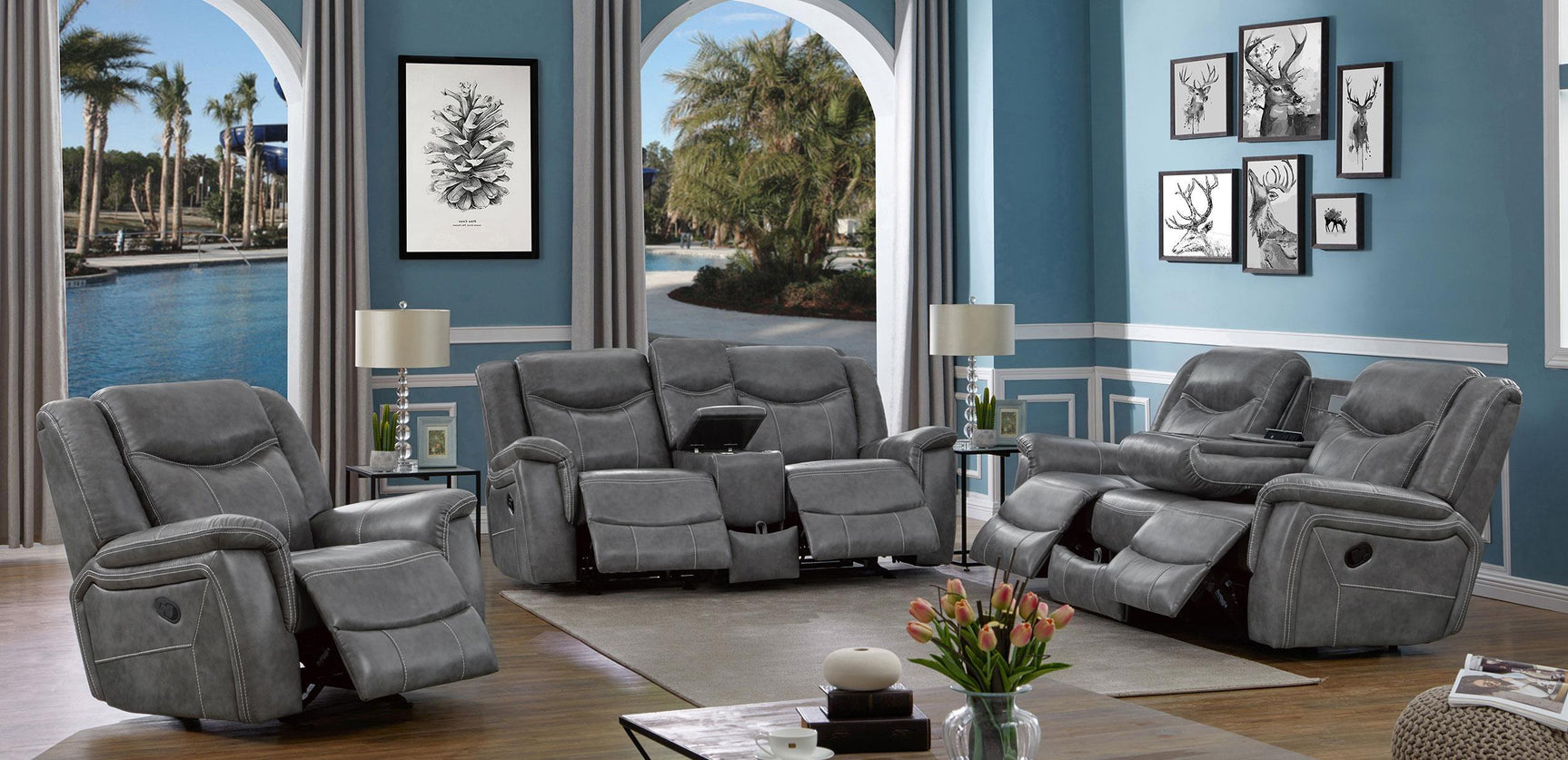 Conrad glider loveseat side angle in grey leatherette