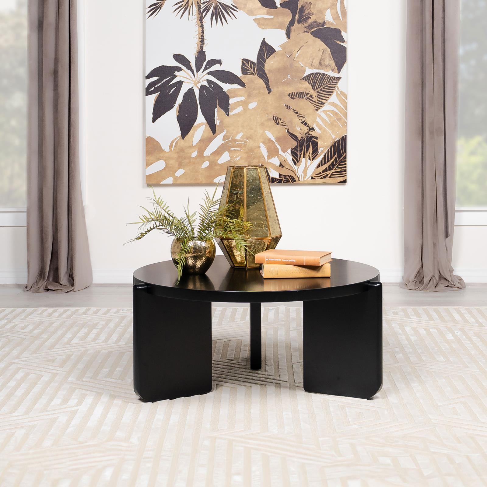 Cordova round solid wood black coffee table side view